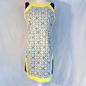 Jade Melody Tam Dress Yellow & Blue Sleeveless Crew Neck Cotton Blend M